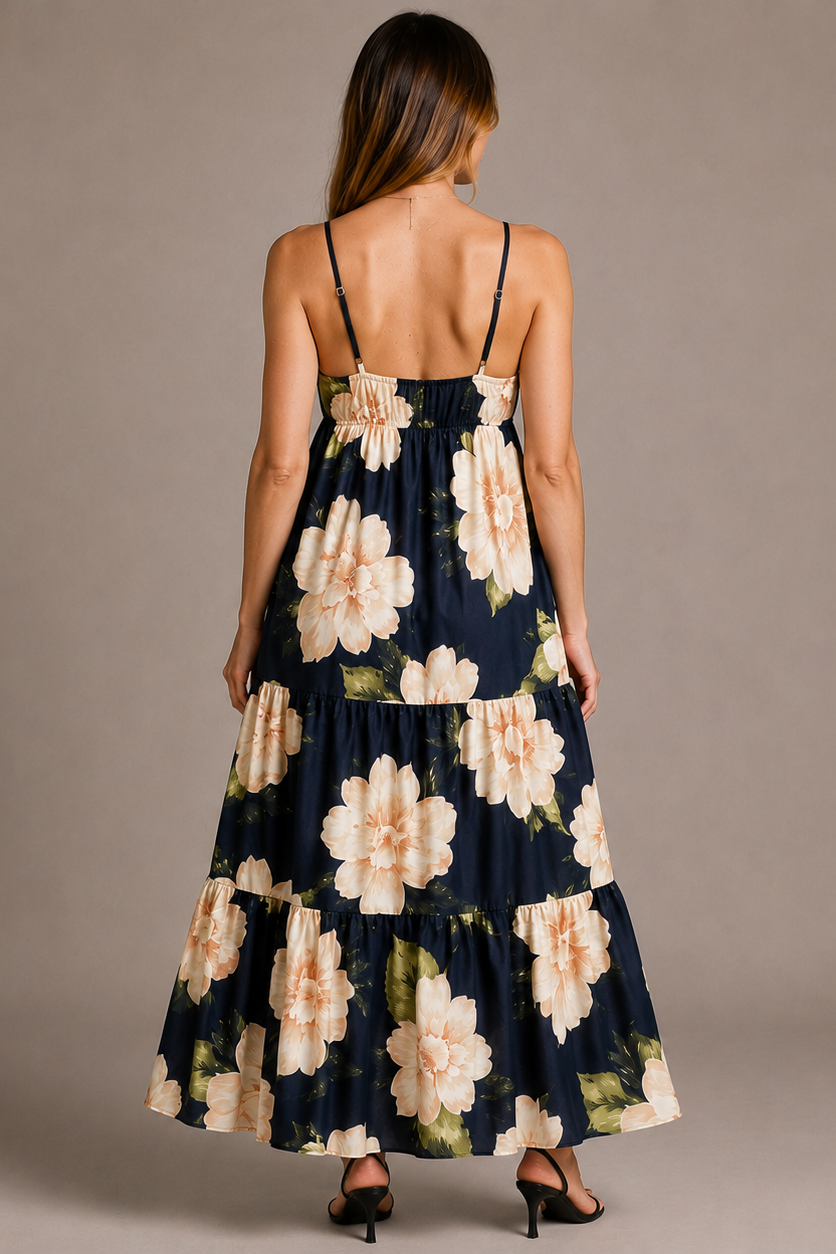 Robe longue fleurie grossesse col V dos ouvert