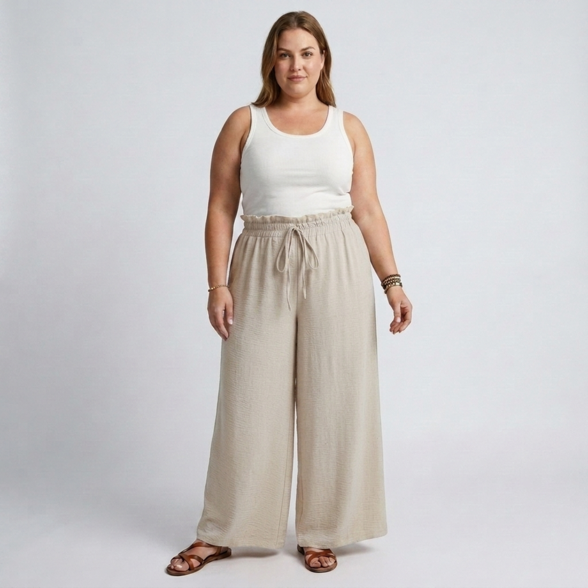 Pantalon large grande taille pour femme à taille élastique et cordon