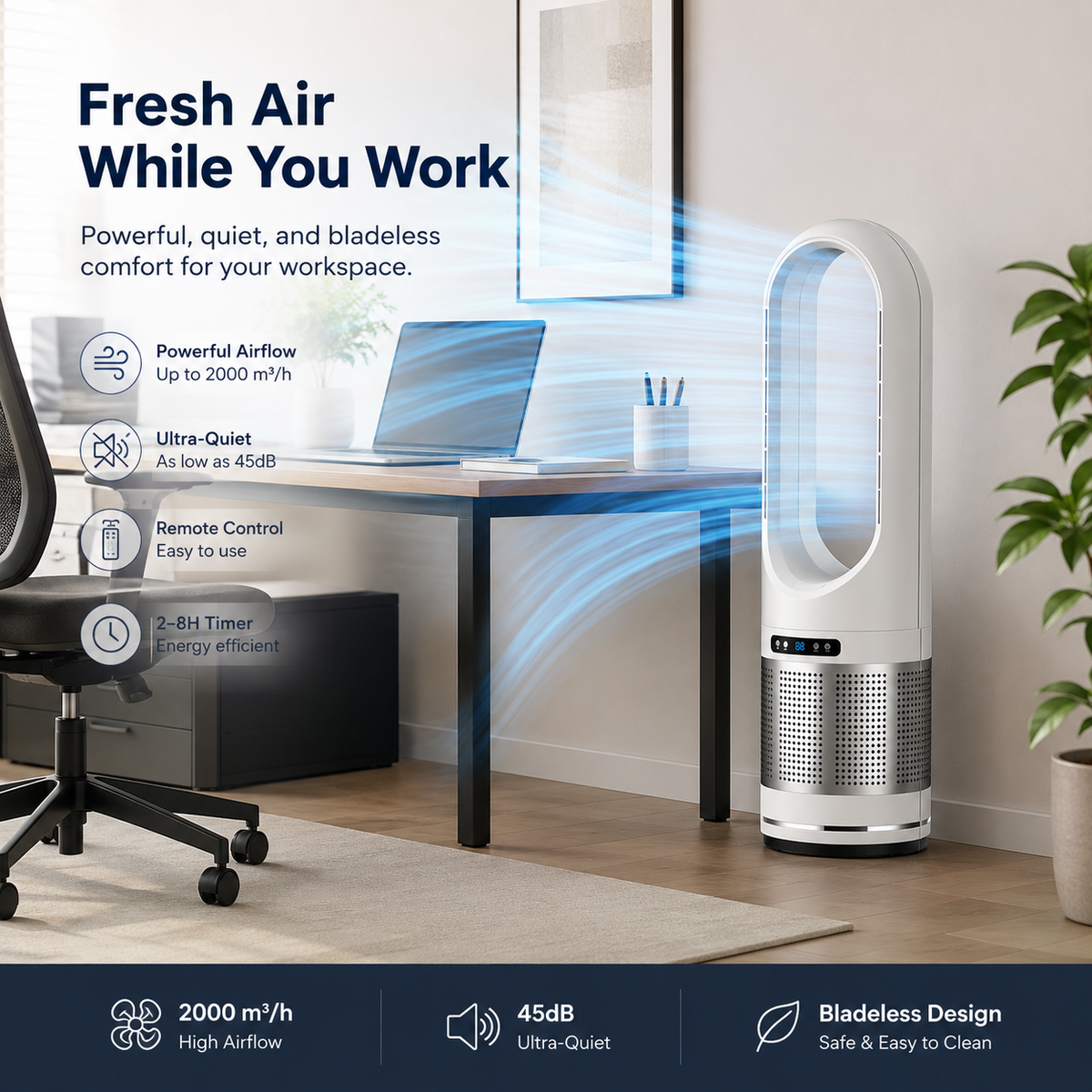Ventilateur Colonne Sans Pales avec Télécommande et Oscillation