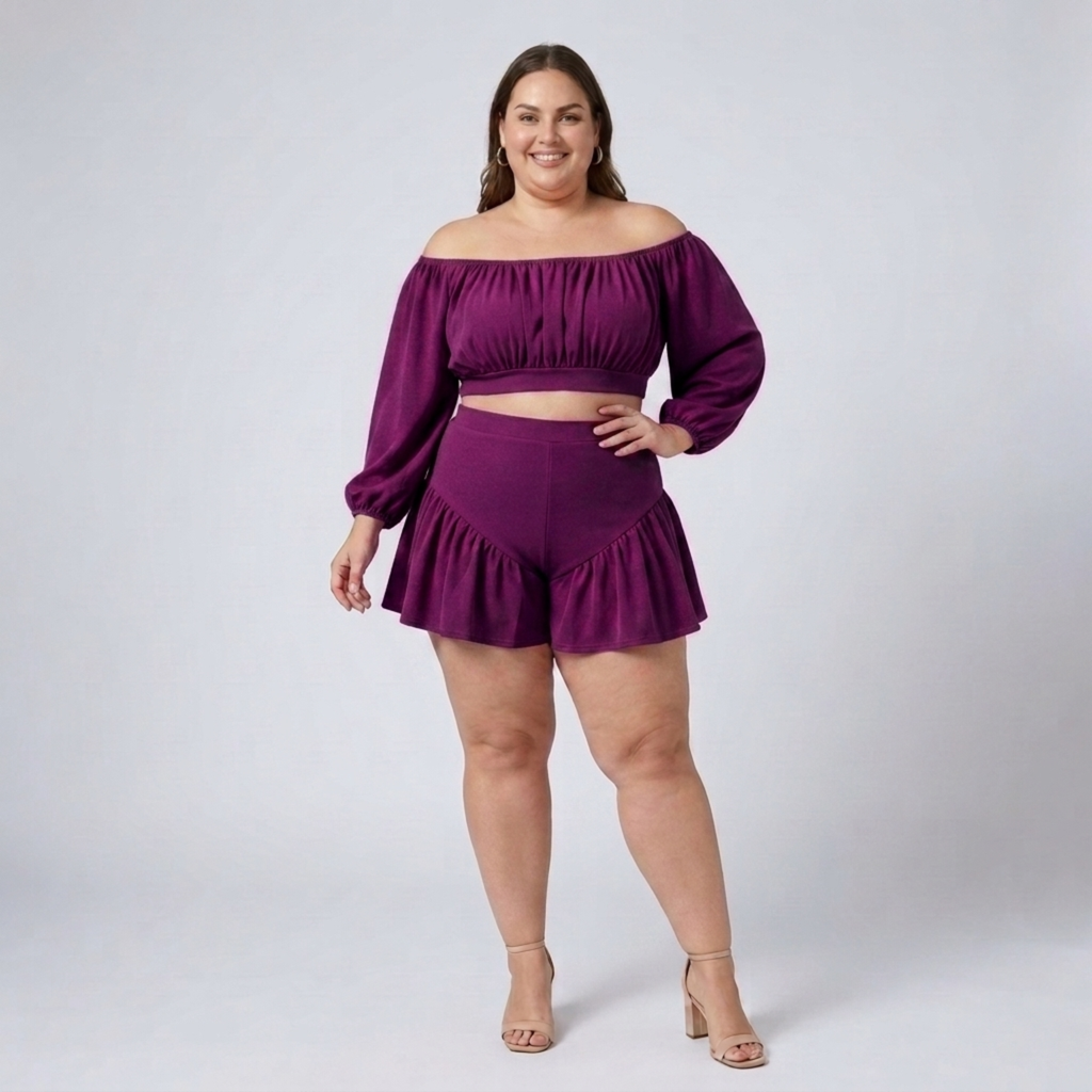 Ensemble grande taille haut épaules dénudées et short à volants