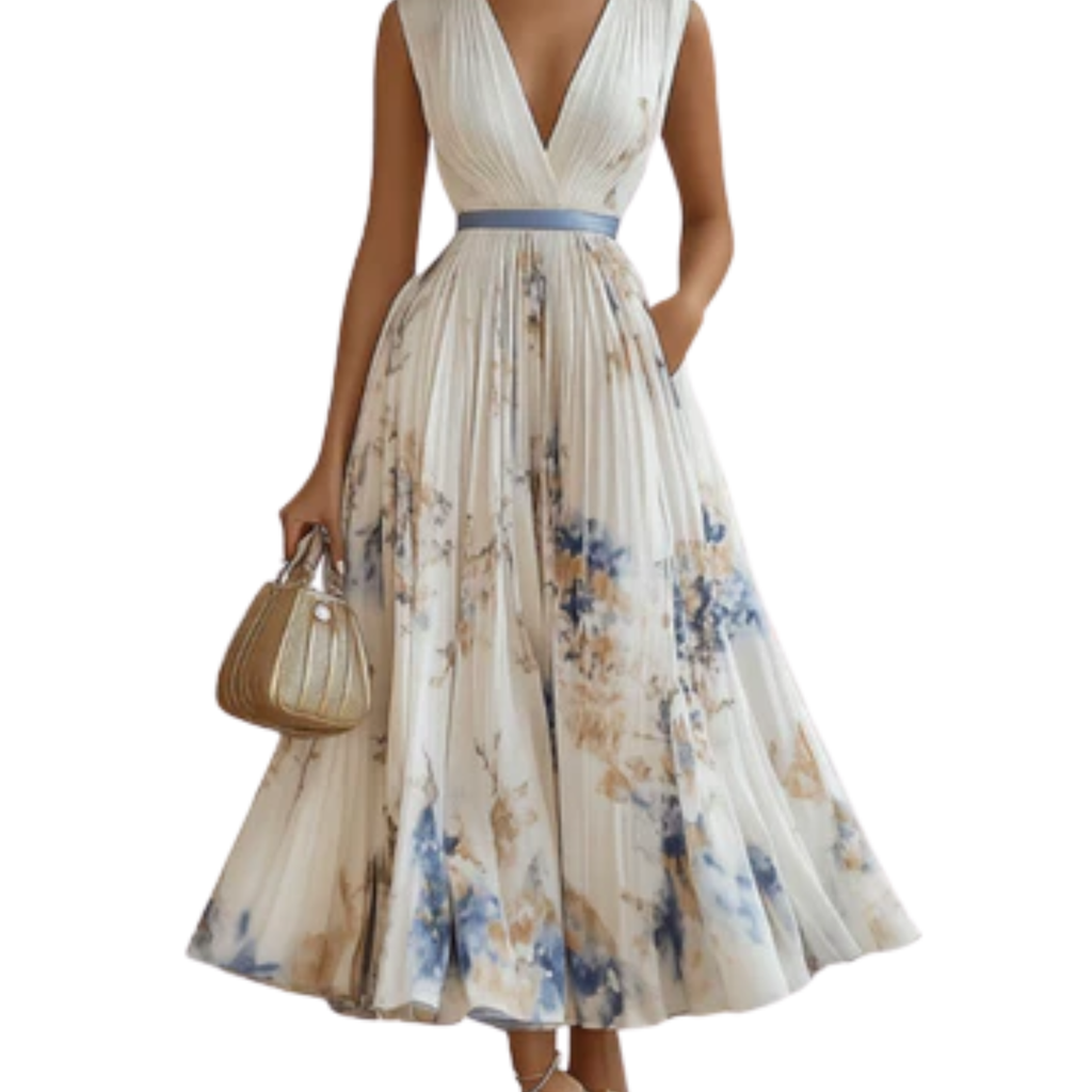 Robe fleurie mi-longue — col v et jupe à plis avec poches — vacances