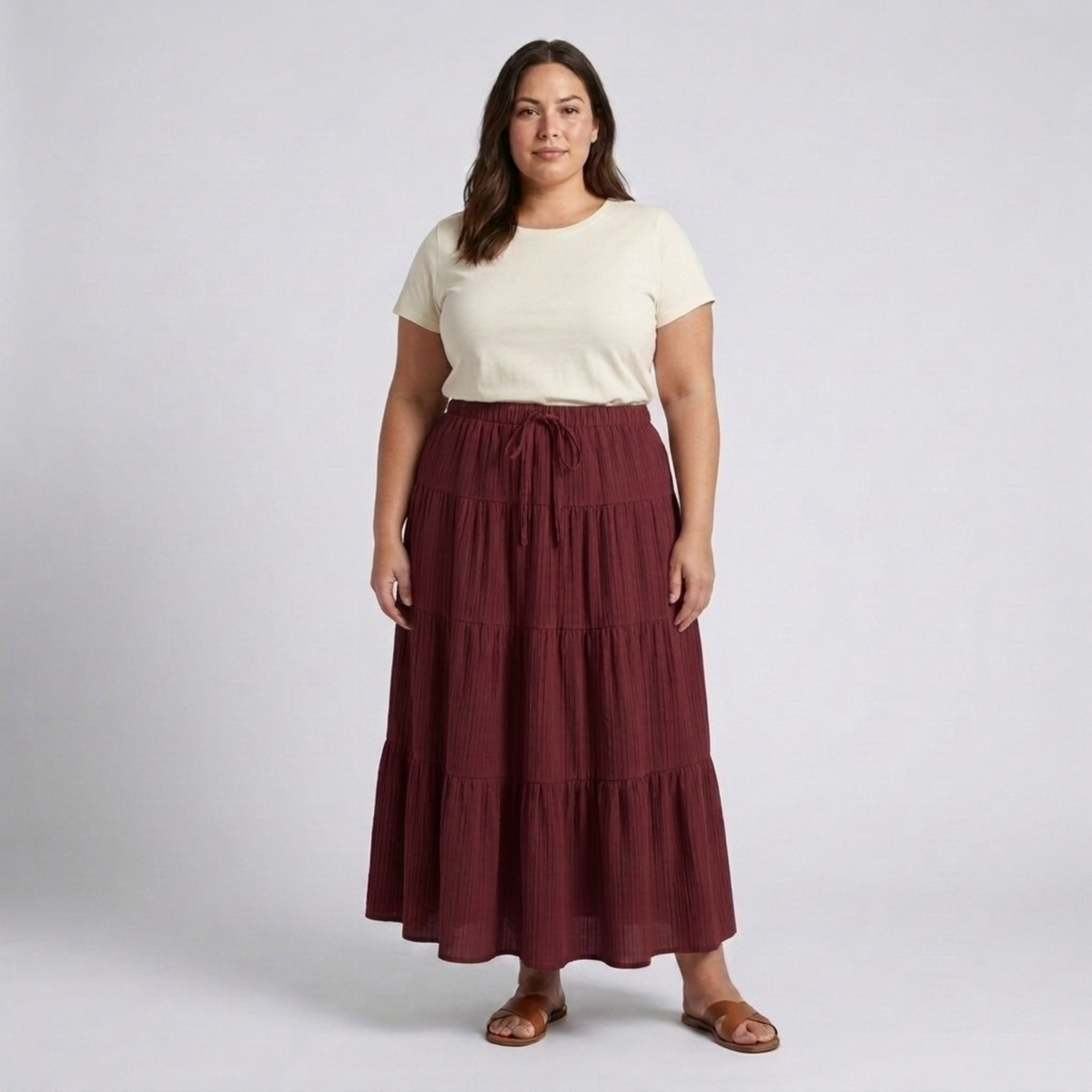 Jupe longue grande taille pour femme à panneaux et cordon de serrage