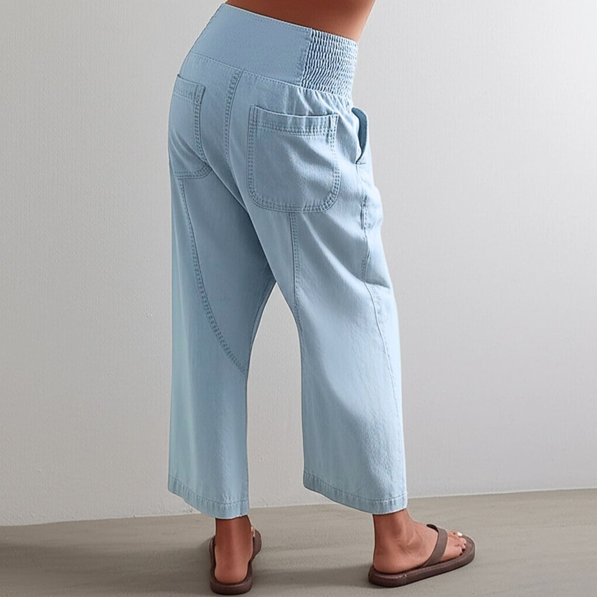 Pantalon en Coton et Lin Femme – Jambe Large et Ceinture Élastique