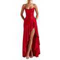 Robe longue femme — satin à ourlet asymétrique et volants | soirée chic