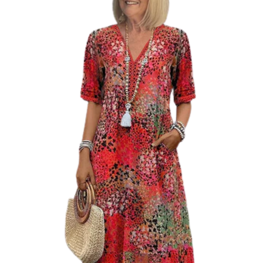 Robe évasée mi-longue femme — motif imprimé et col V — loisirs