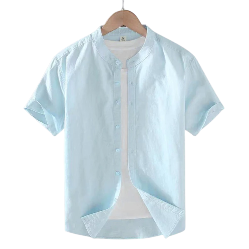 Chemise en lin pour homme — col officier à manches courtes — tenue décontractée de plage