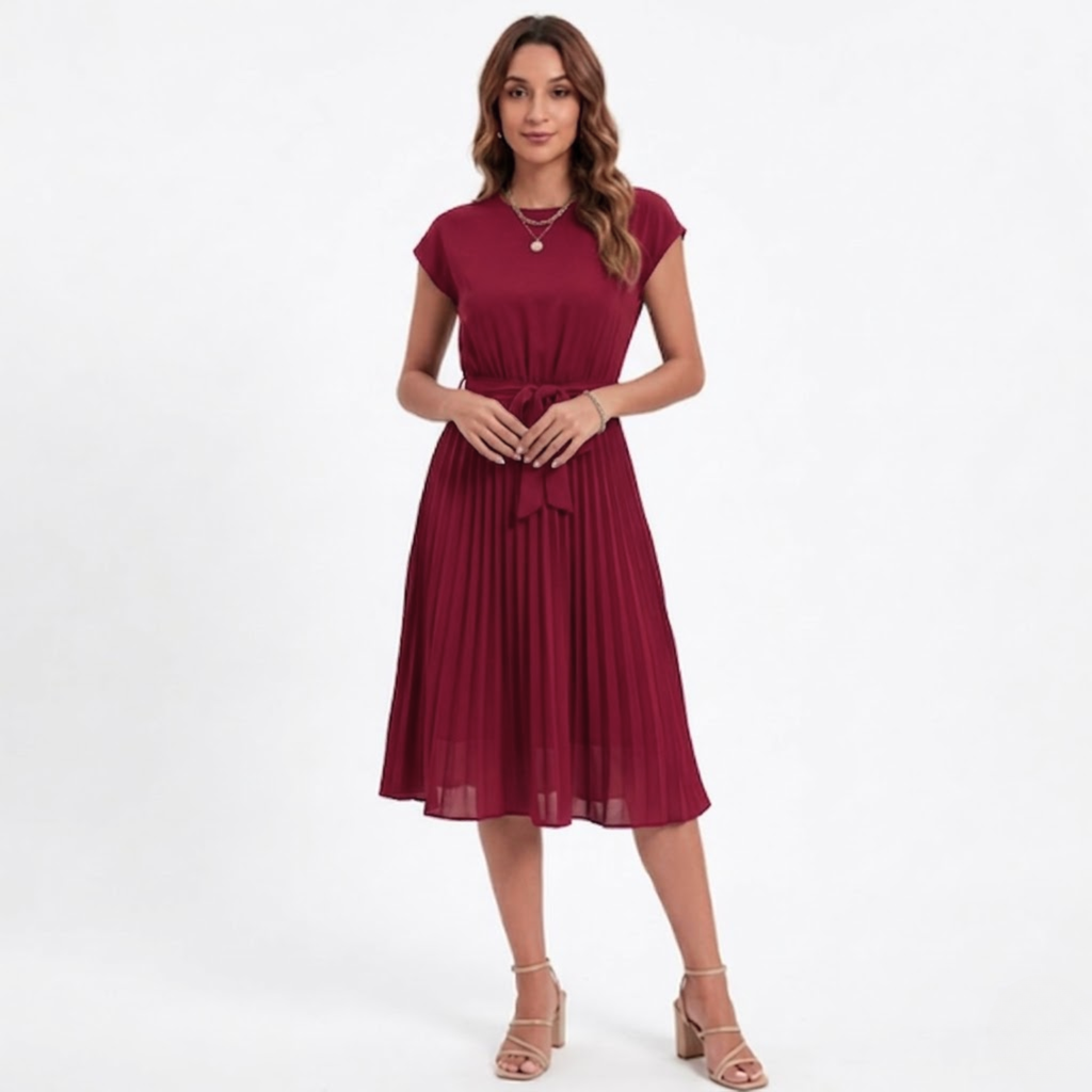 Robe Midi Plissée à Manches Courtes et Taille Haute avec Ceinture pour Femmes