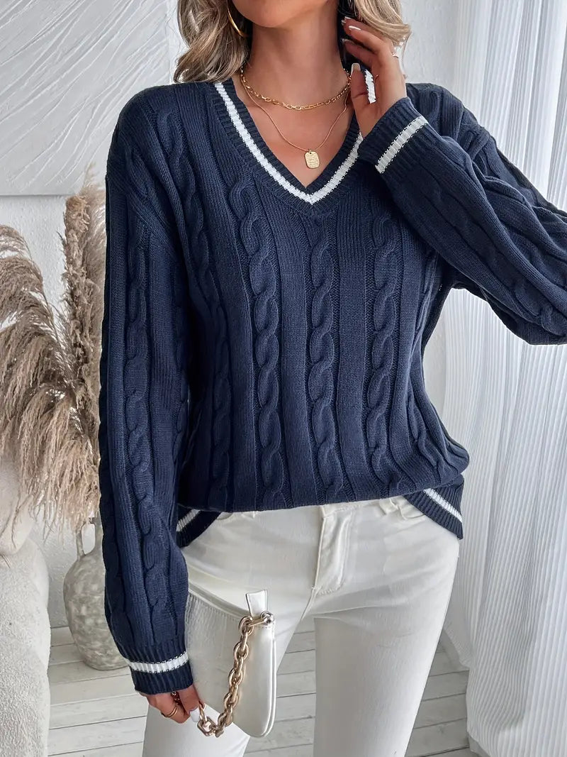 Pull Femme – Col V et Maille Torsadée Coupe Décontractée au Quotidien