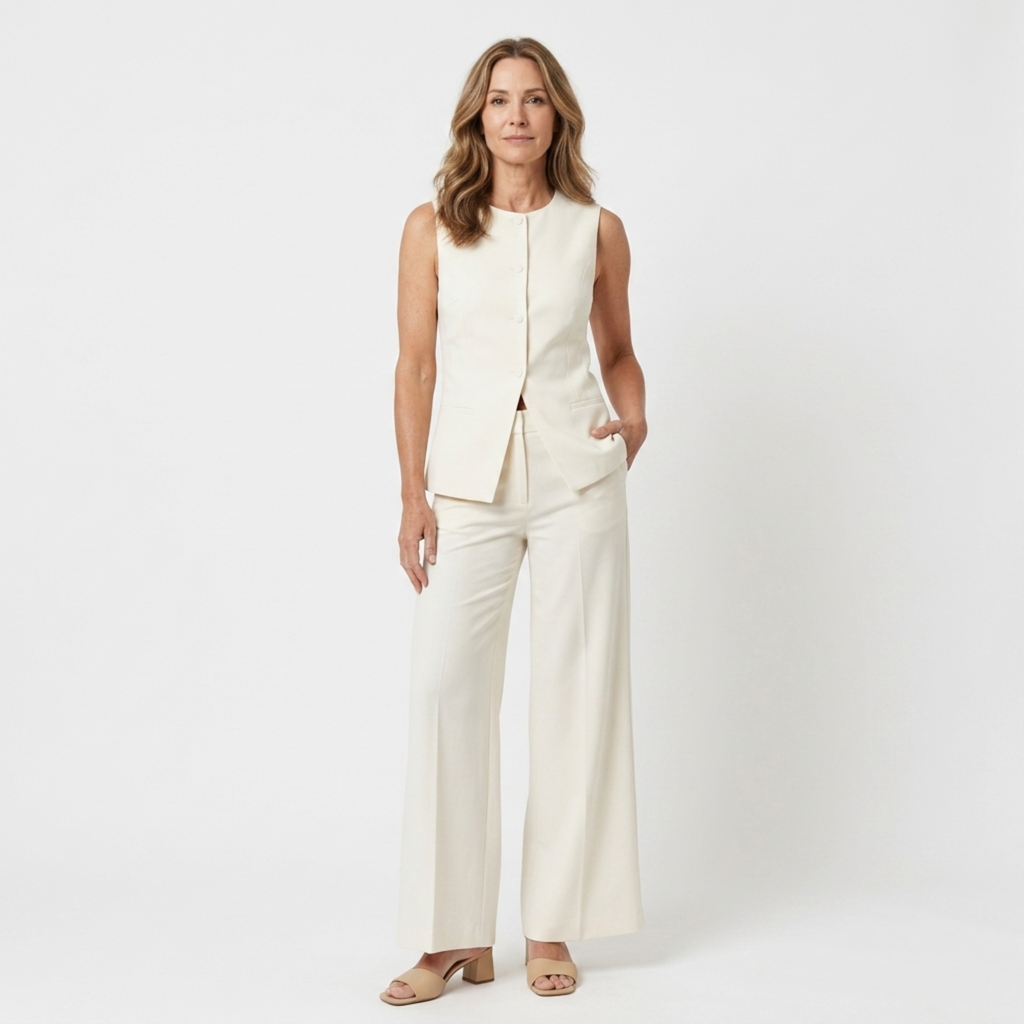 Ensemble femme pantalon large — haut sans manches structuré — mi-saison
