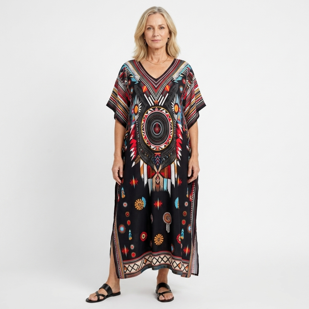 Robe kaftan kimono grande taille — coupe ample — plage et voyage