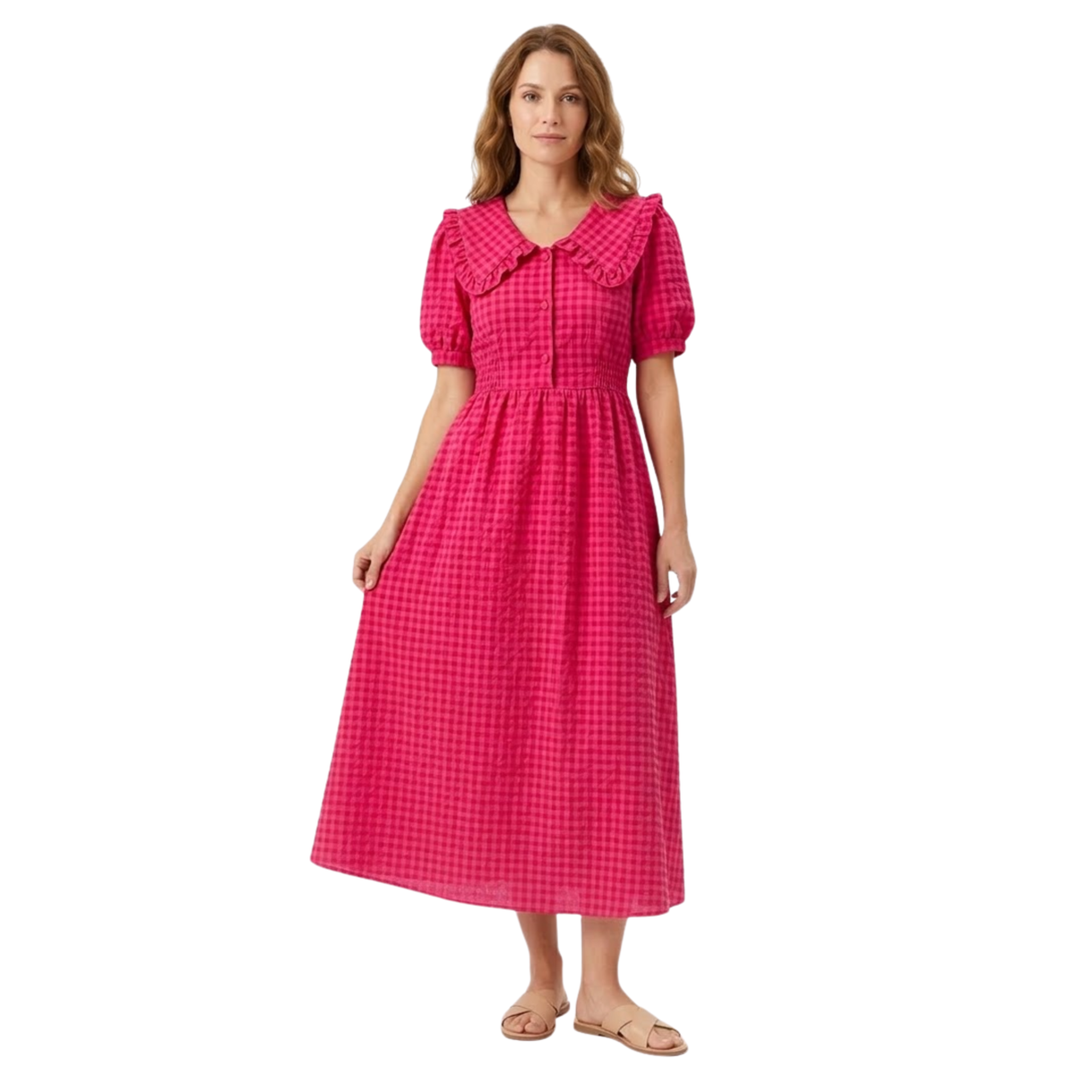 Robe Longue à Carreaux avec Col Claudine et Manches Bouffantes pour Femmes