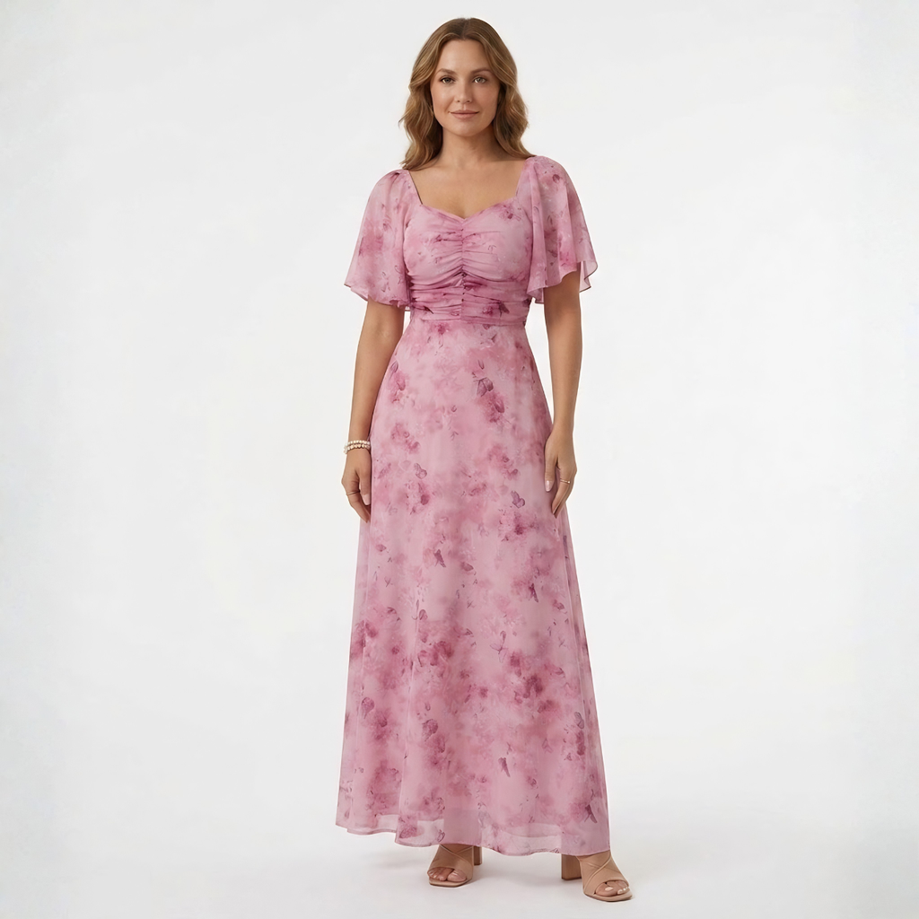 Robe Invitée de Mariage Maxi Florale à Manches Volantées et Col Cœur
