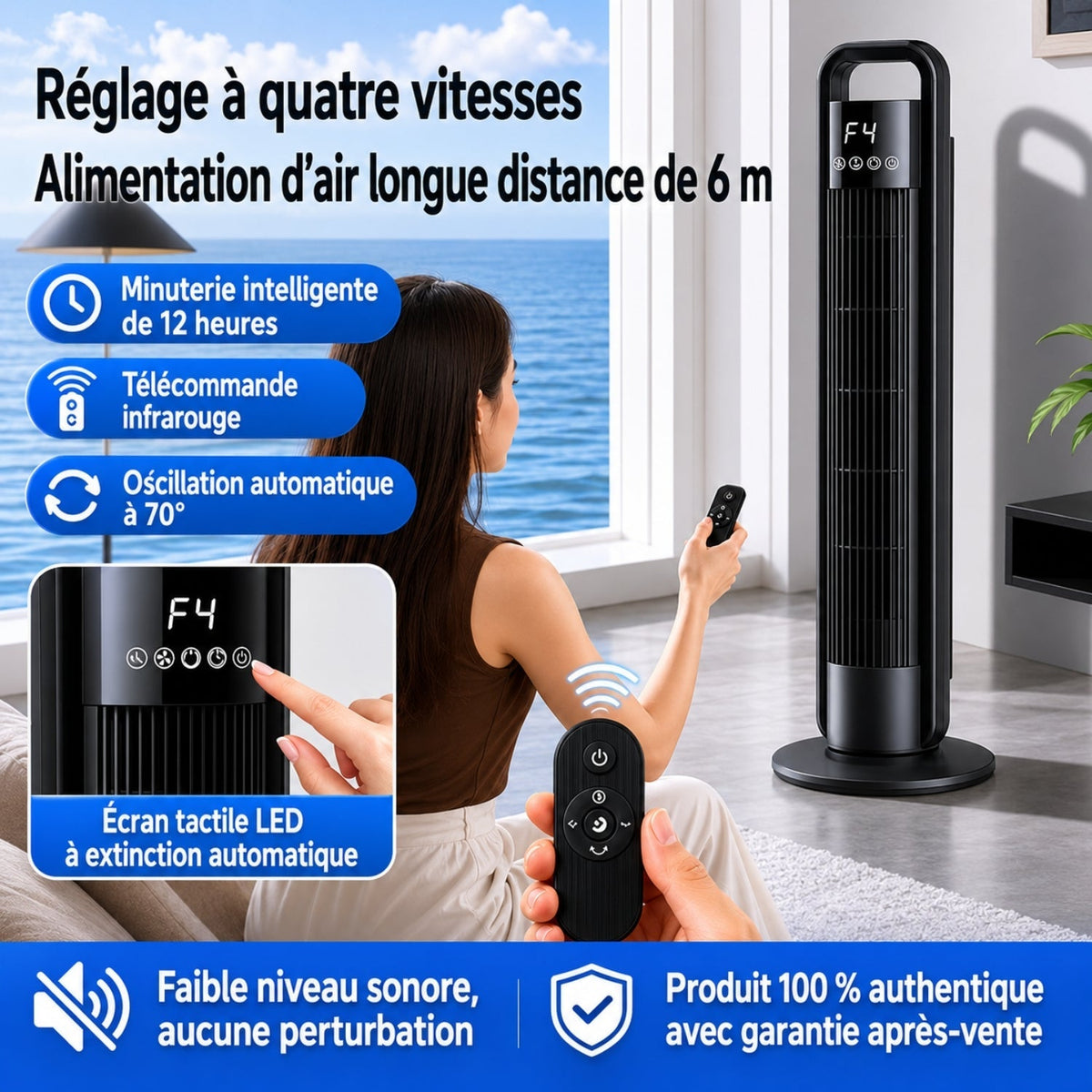 Ventilateur Colonne avec Télécommande, Oscillation et 4 Vitesses
