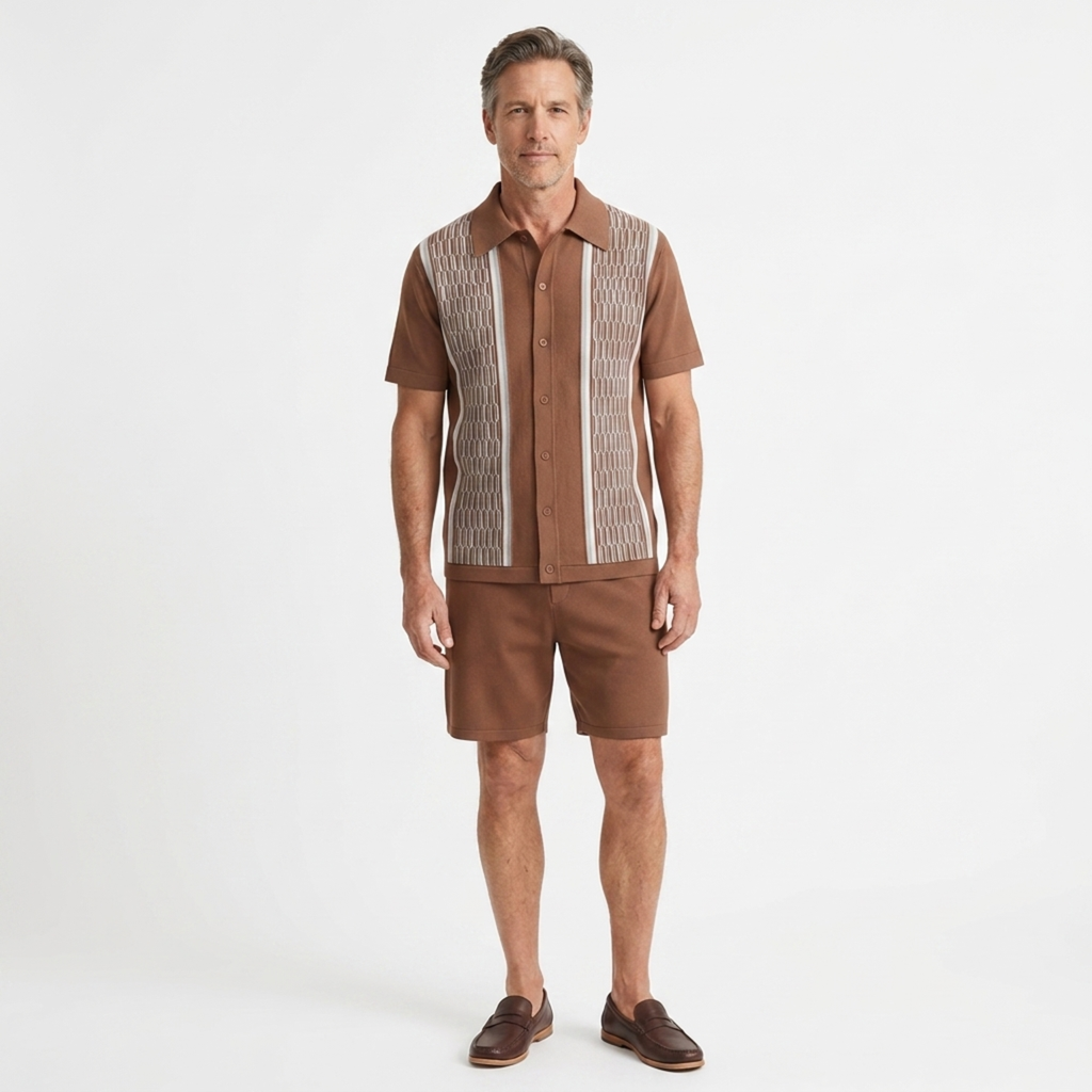 Ensemble deux pièces en maille pour homme — maille géométrique — tenue d’été décontractée