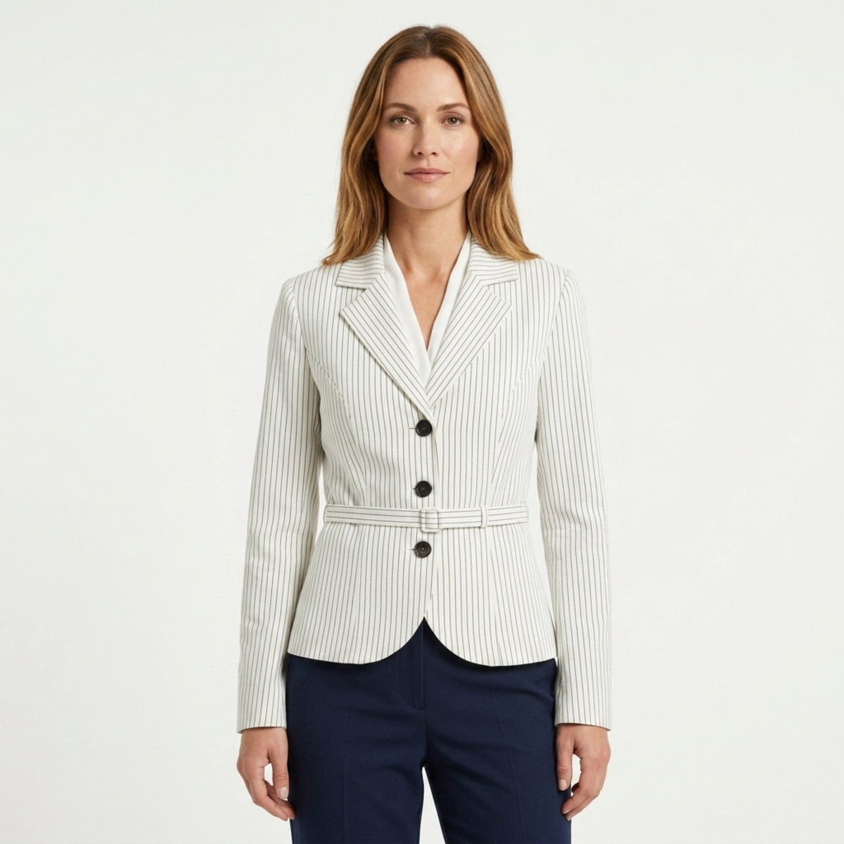 Blazer en Polyester Femme – Rayures et Ceinture Coupe Ajustée Élégante