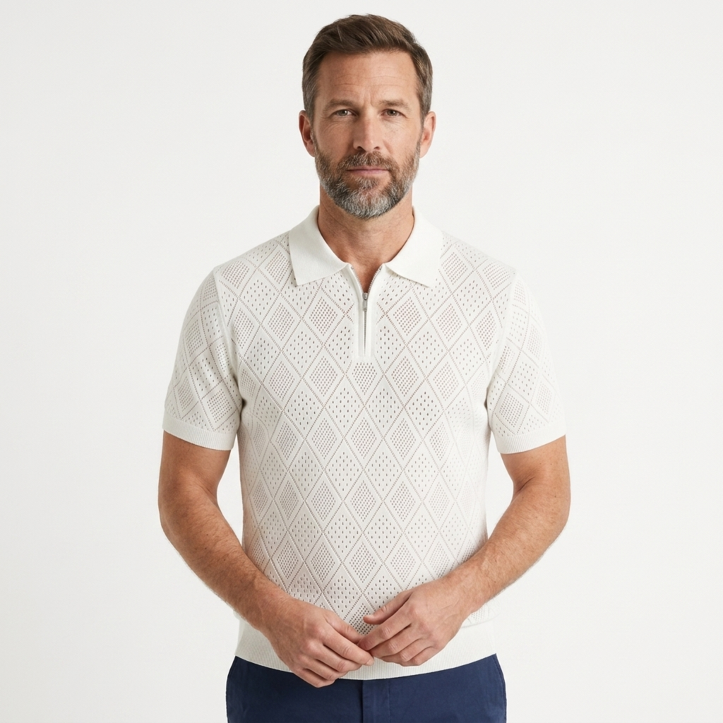 Polo homme en maille ajourée avec fermeture éclair — voyage