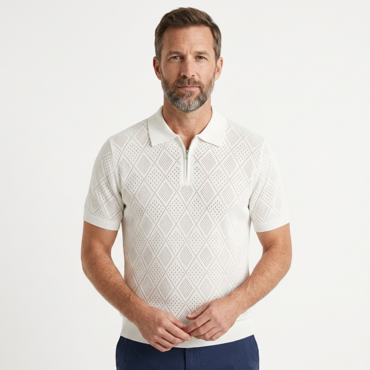 Polo homme en maille ajourée avec fermeture éclair — voyage