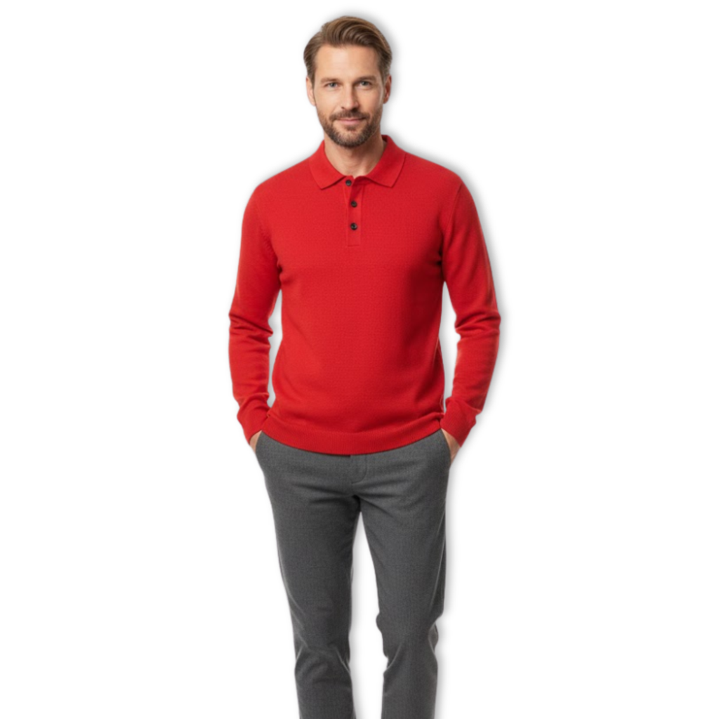 Polo homme 100% laine mérinos à manches longues et col boutonné coupe décontractée