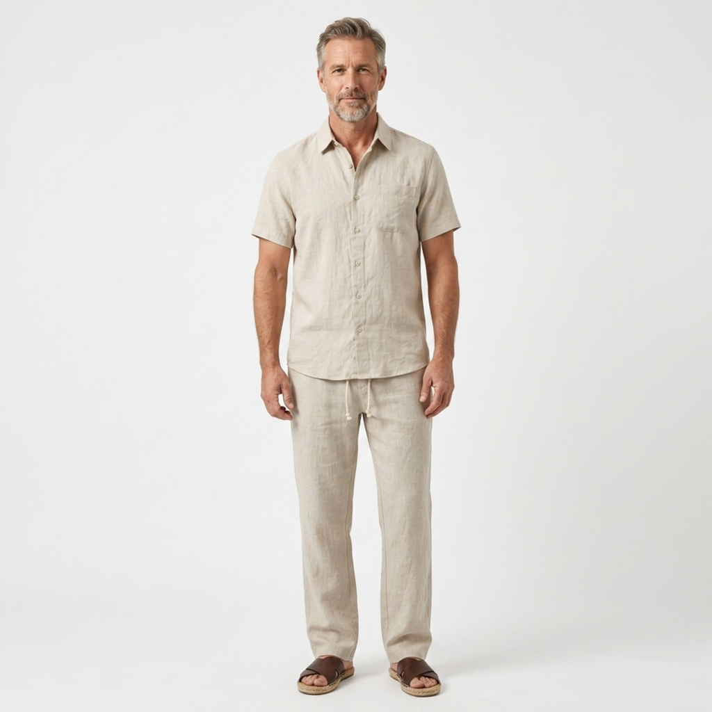 Ensemble deux pièces en lin pour homme — coupe décontractée — vacances à la plage