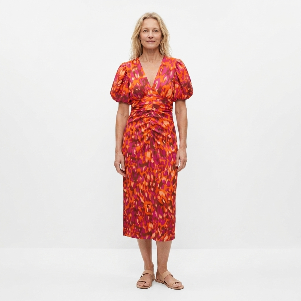 Robe longue imprimée — col en v et manches volume — fête