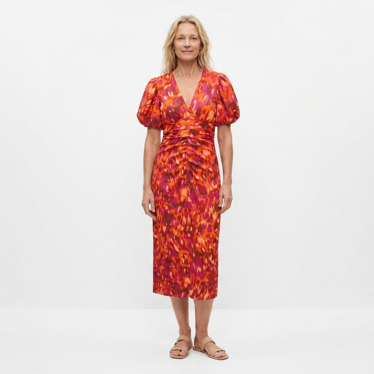 Robe longue imprimée — col en v et manches volume — fête