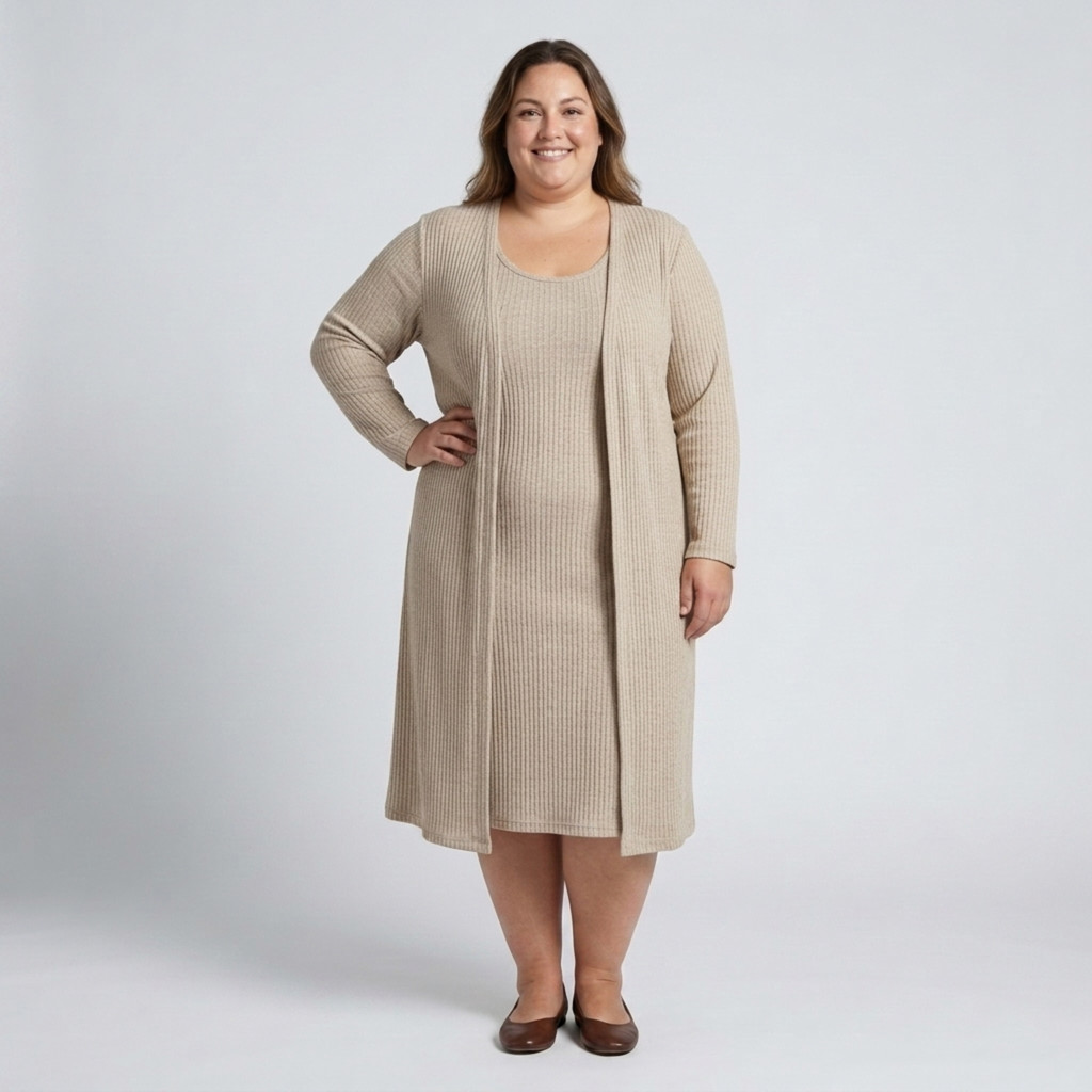 Ensemble grande taille robe sans manches et gilet long assorti en maille texturée
