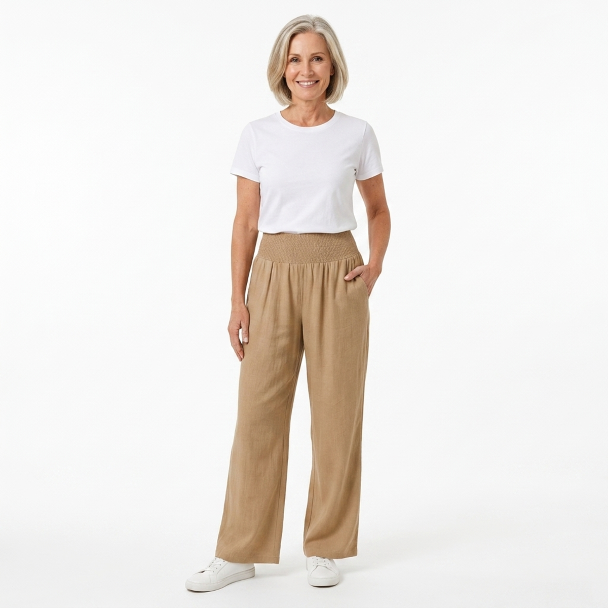 Pantalon femme mélange lin et coton — taille élastique coupe droite | quotidien