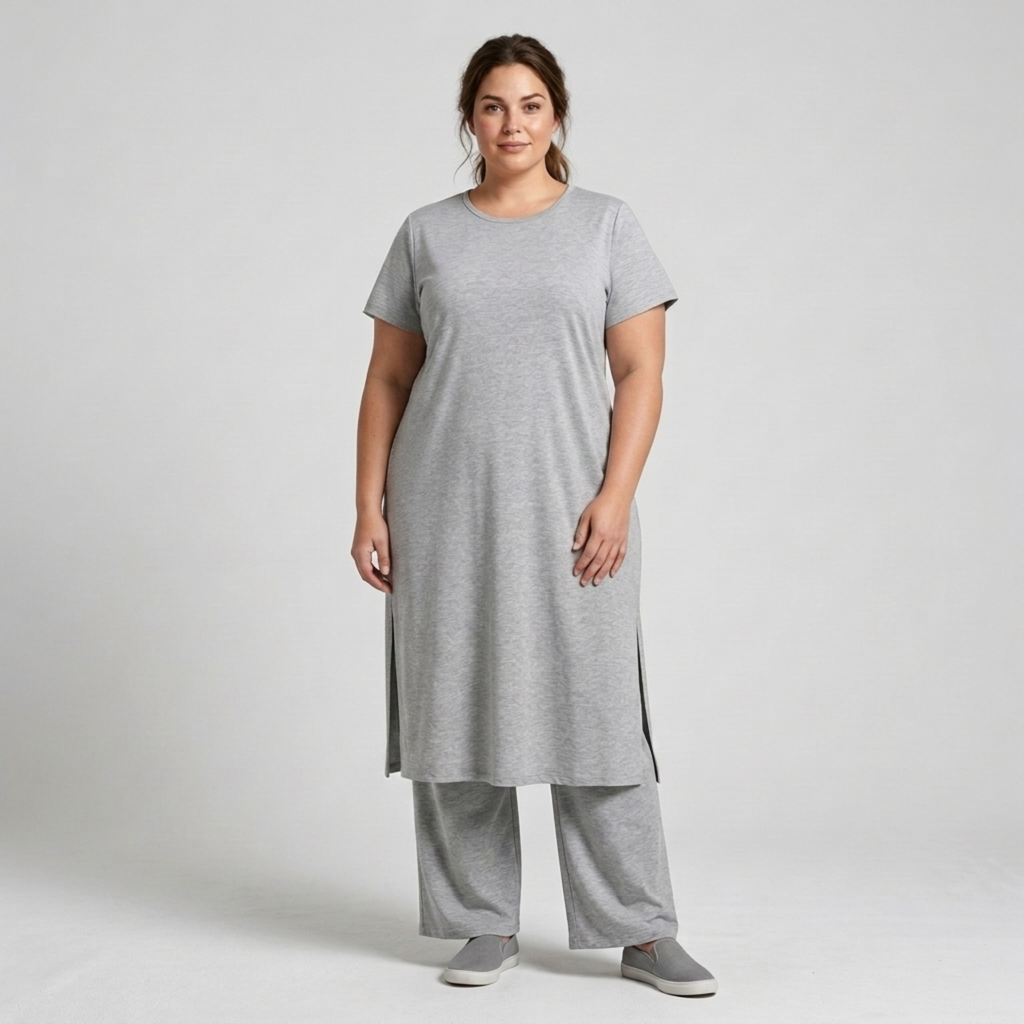 Ensemble deux pièces grande taille pour femme avec tunique longue et pantalon ample