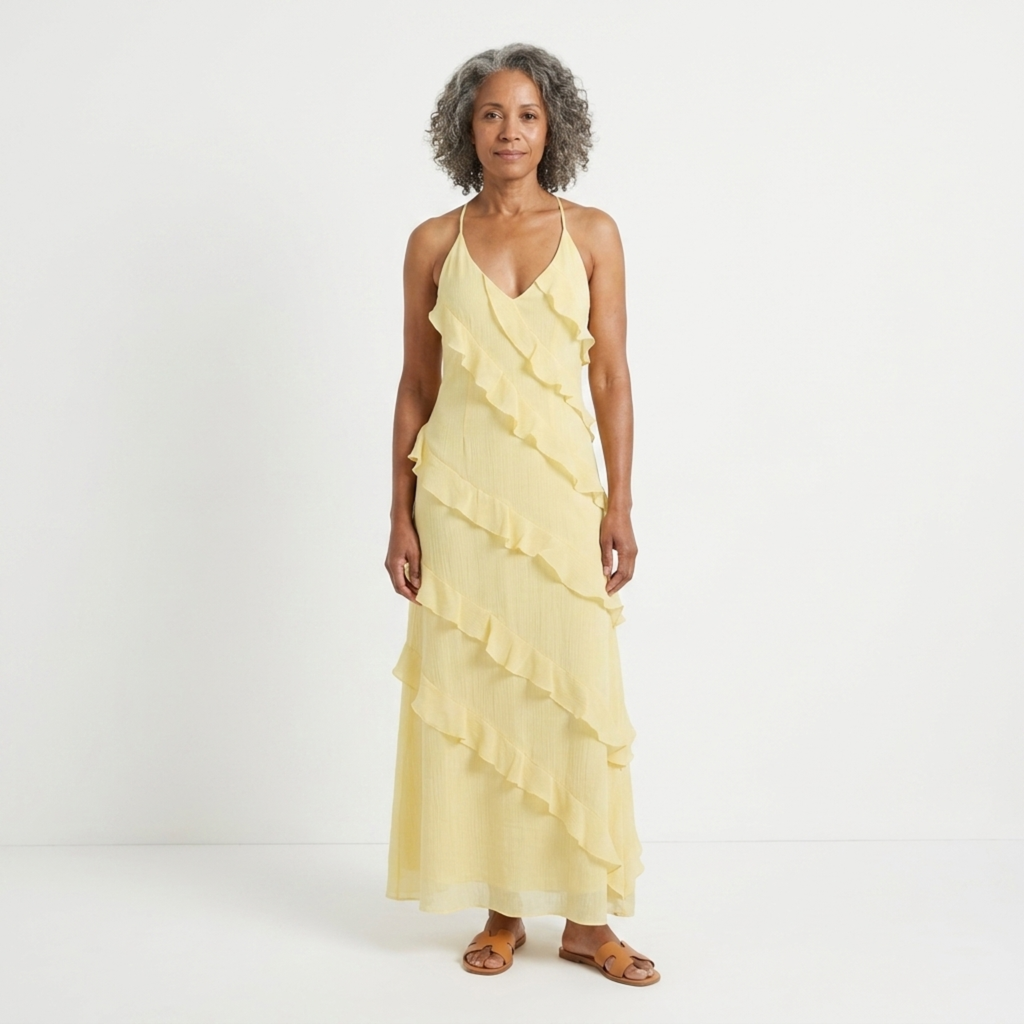 Robe longue à étages femme — col licou V pour soirée et fête — vacances