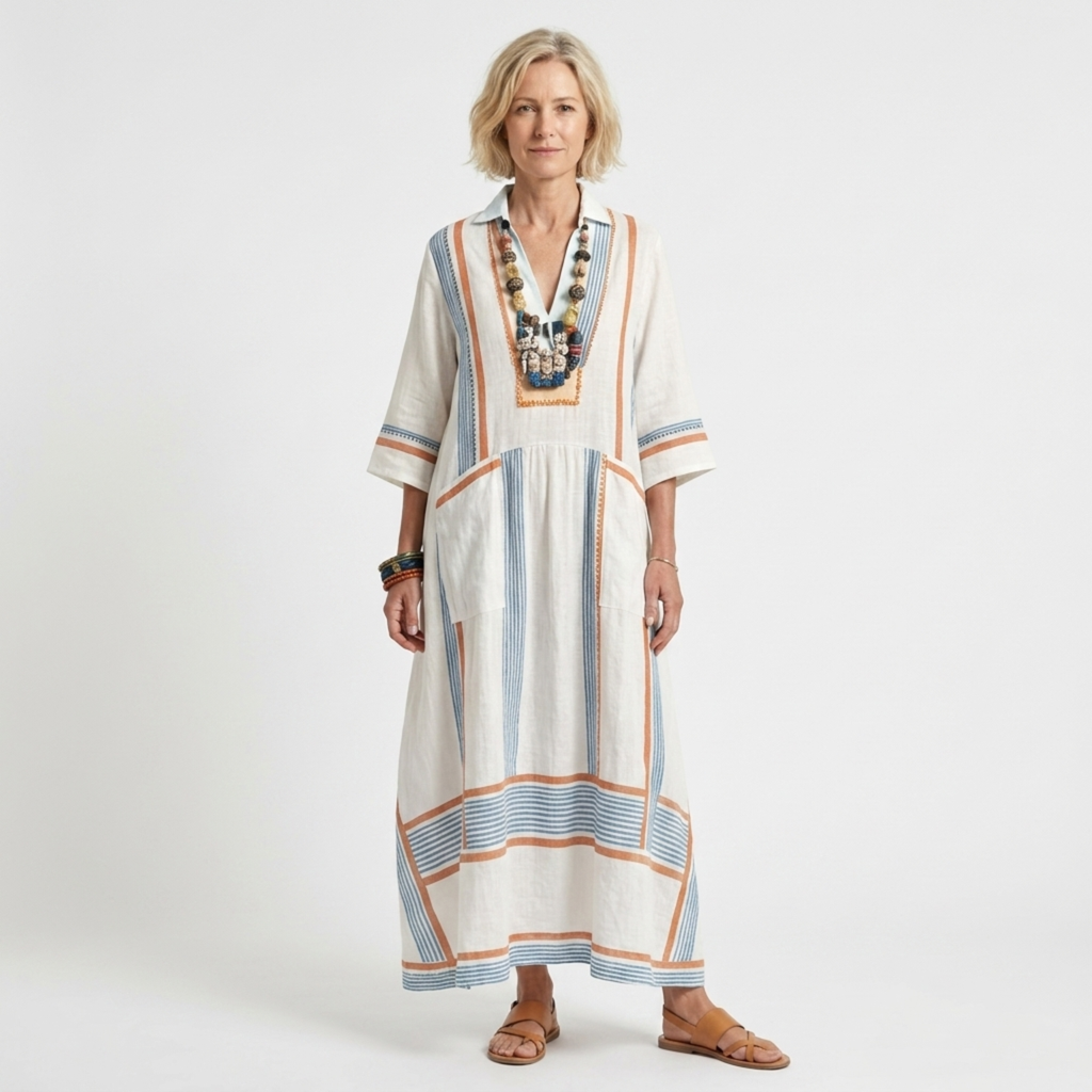 Robe caftan kimono à rayures — coupe évasée — vacances à la plage