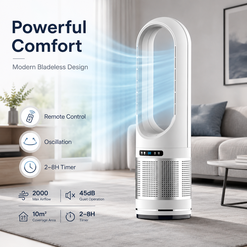 Vertical Bladeless Fan with Remote Control, Oscillation, and Timer