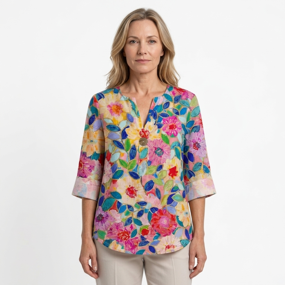 Blouse imprimée fleurs — manches trois-quarts boutonné — loisirs
