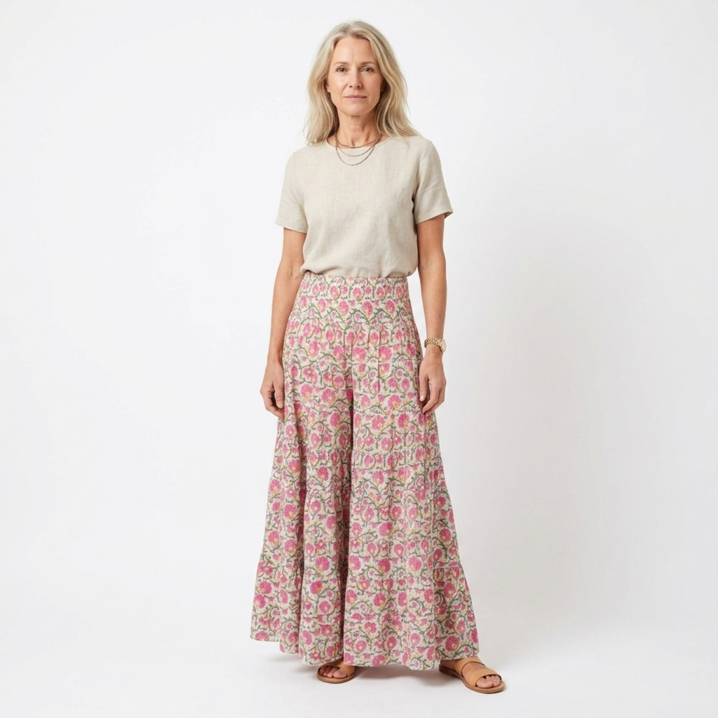 Jupe maxi longue fleurie — taille haute évasée — vacances d'été