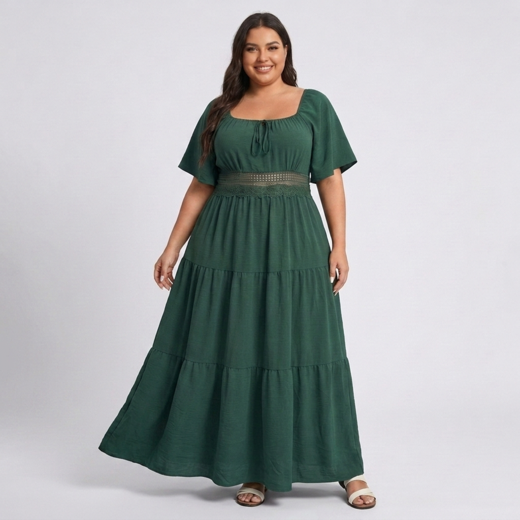 Robe longue grande taille imprimée champêtre à col carré et manches papillon