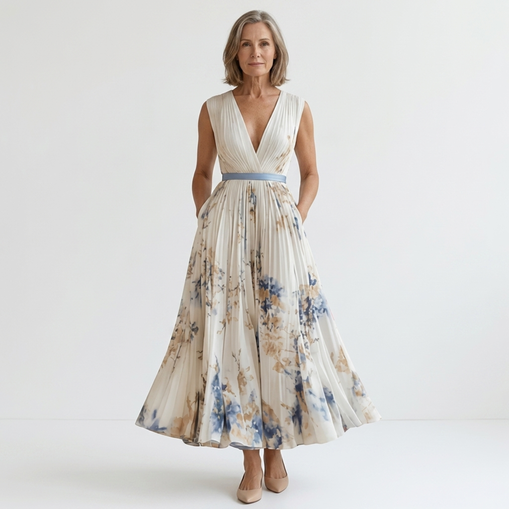 Robe fleurie mi-longue — col v et jupe à plis avec poches — vacances
