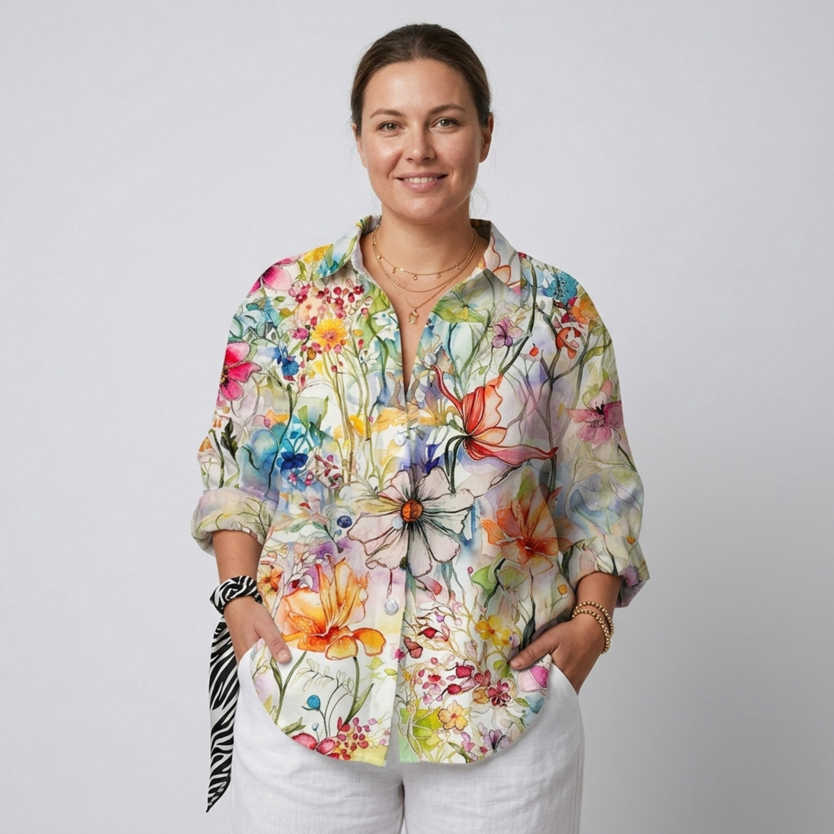 Blouse grande taille imprimé floral à manches longues pour femme