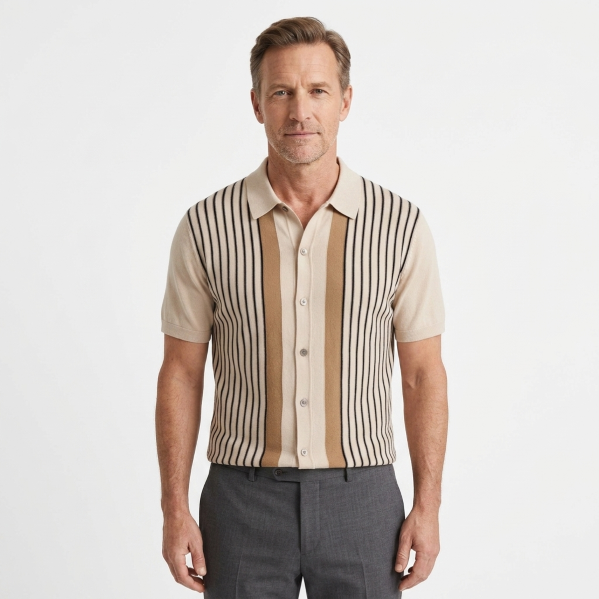 Chemise en maille homme — rayures verticales — coupe décontractée