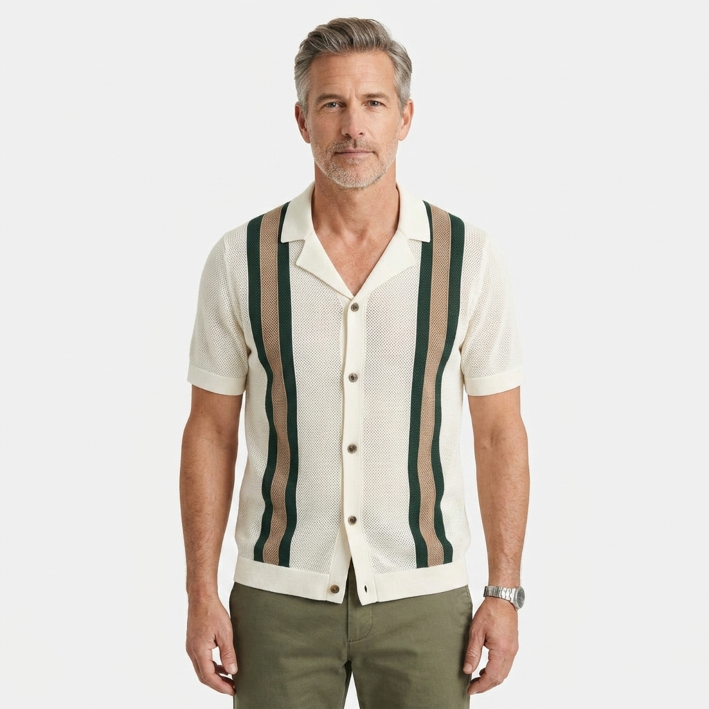 Polo en maille homme — rayures verticales — style vintage bord de mer