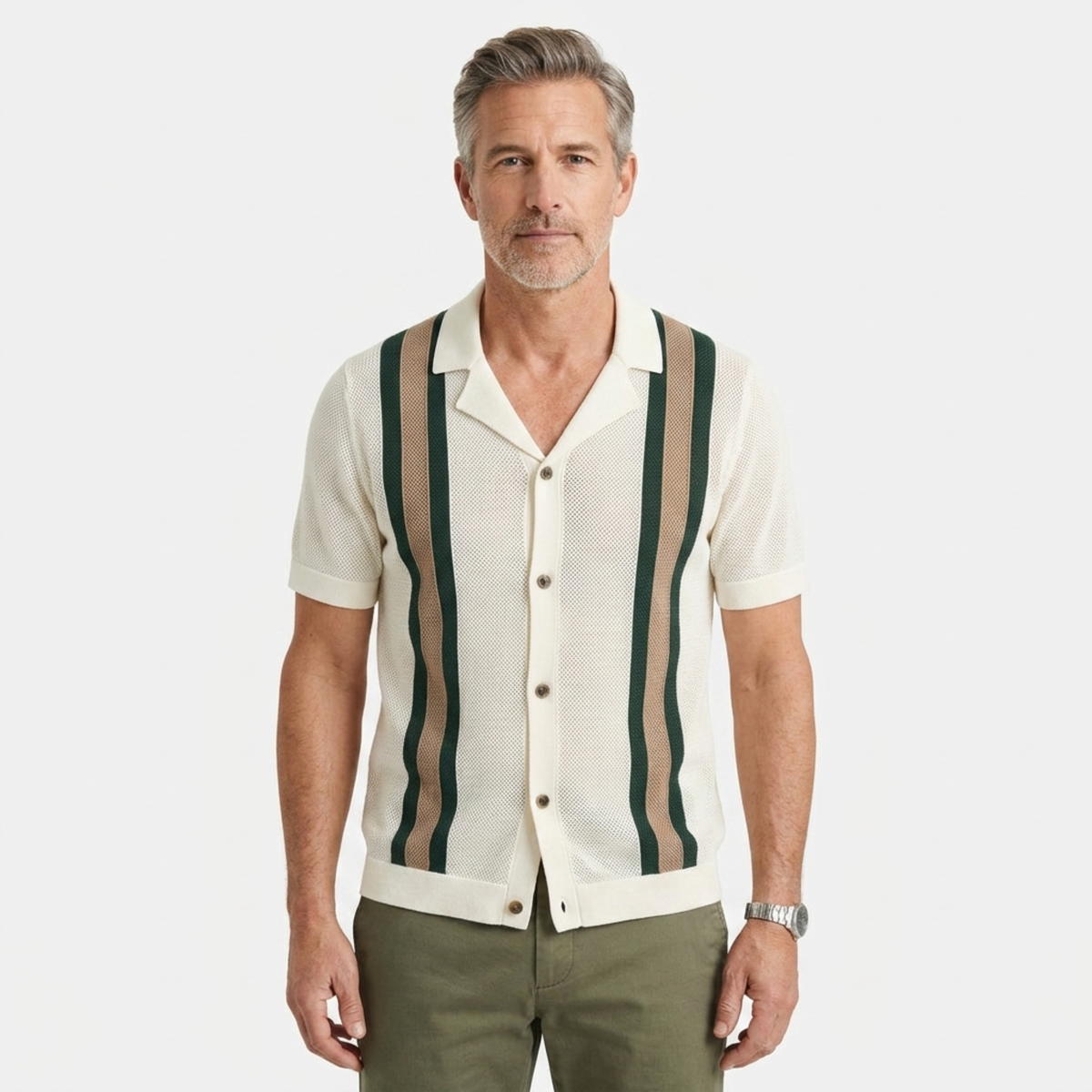 Polo en maille homme — rayures verticales — style vintage bord de mer