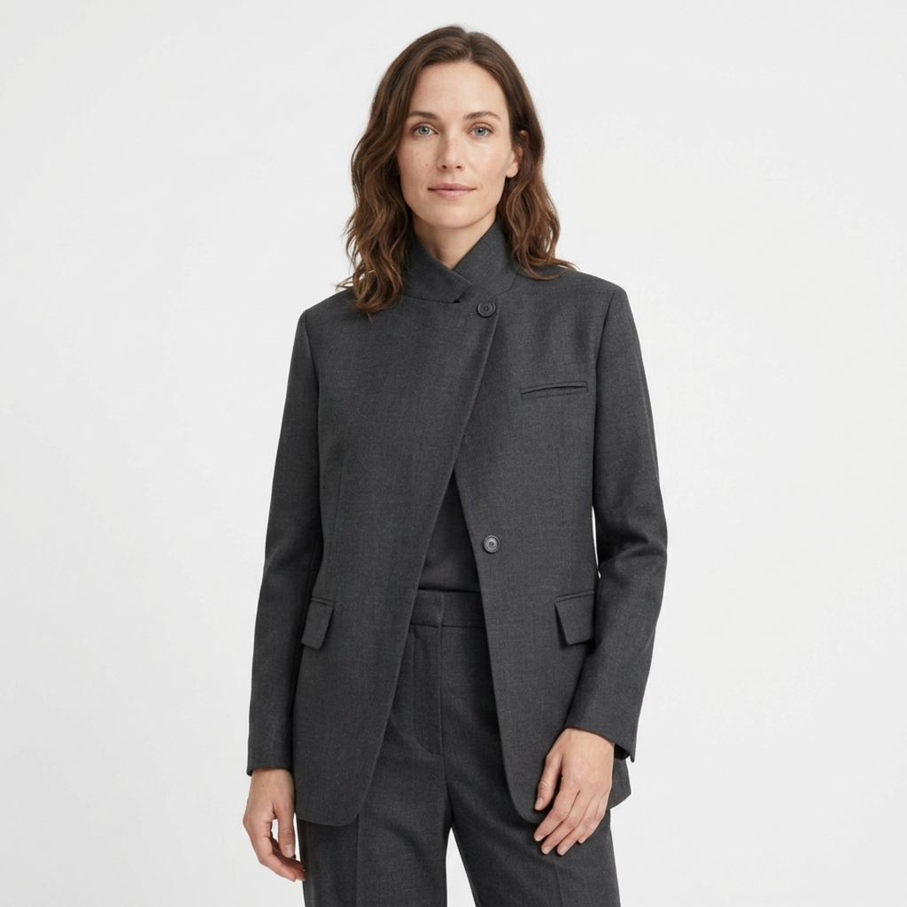 Blazer en Polyester Femme – Asymétrique et Bouton Unique Coupe Ajustée