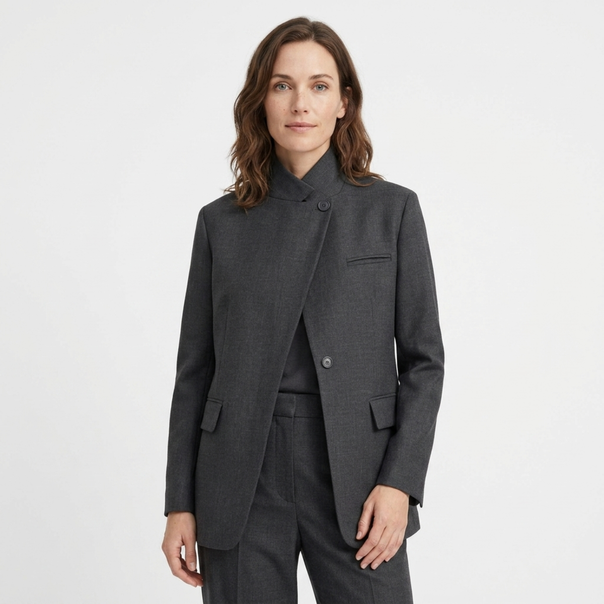 Blazer en Polyester Femme – Asymétrique et Bouton Unique Coupe Ajustée