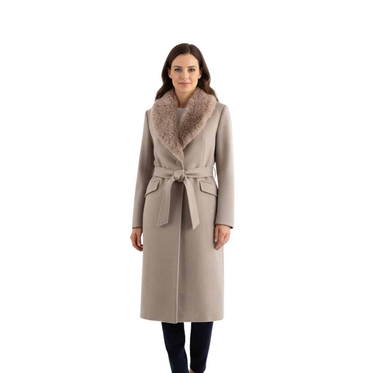 Manteau Femme Chaud ceinturé à Col en Fourrure pour l’Automne et l’Hiver