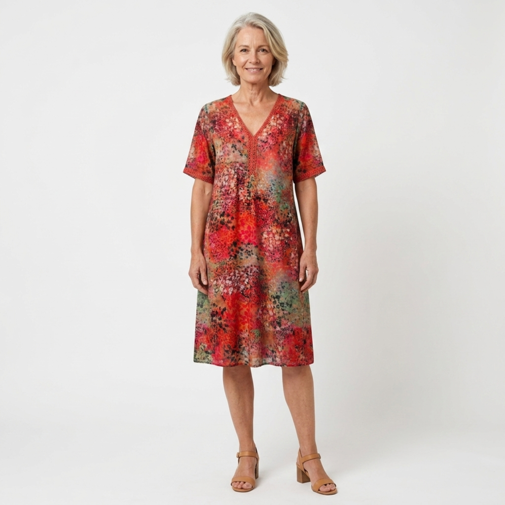 Robe évasée mi-longue femme — motif imprimé et col V — loisirs