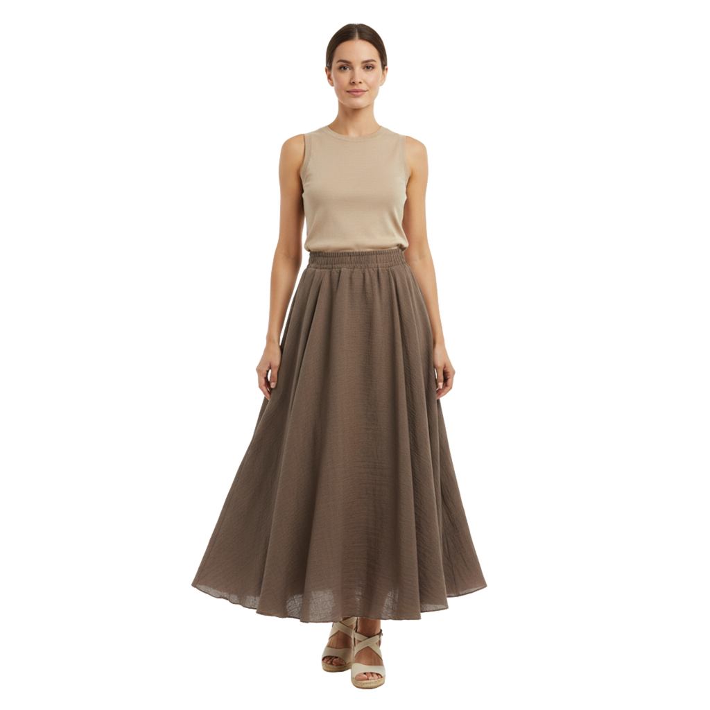 Jupe Maxi Femme en Coton et Lin, Taille Haute Élastique, Coupe Évasée, Longueur Cheville