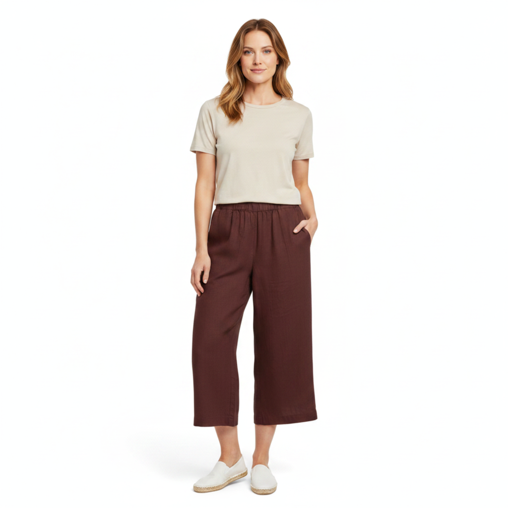 Pantalon Large en Lin pour Femme avec Taille Élastiquée et Coupe Courte
