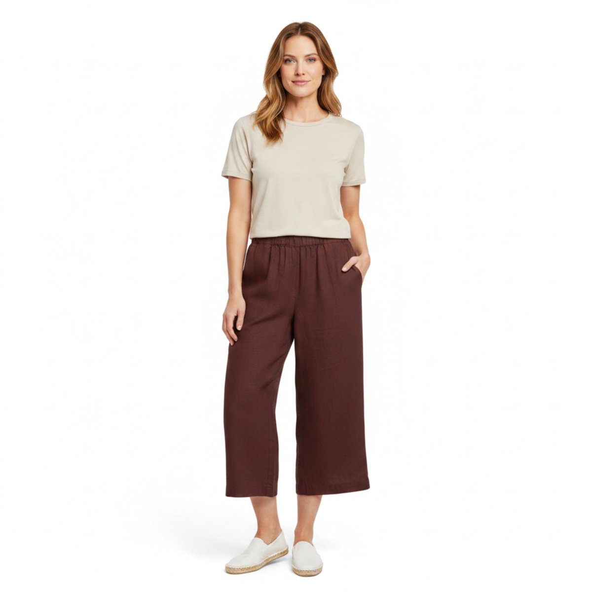 Pantalon Large en Lin pour Femme avec Taille Élastiquée et Coupe Courte