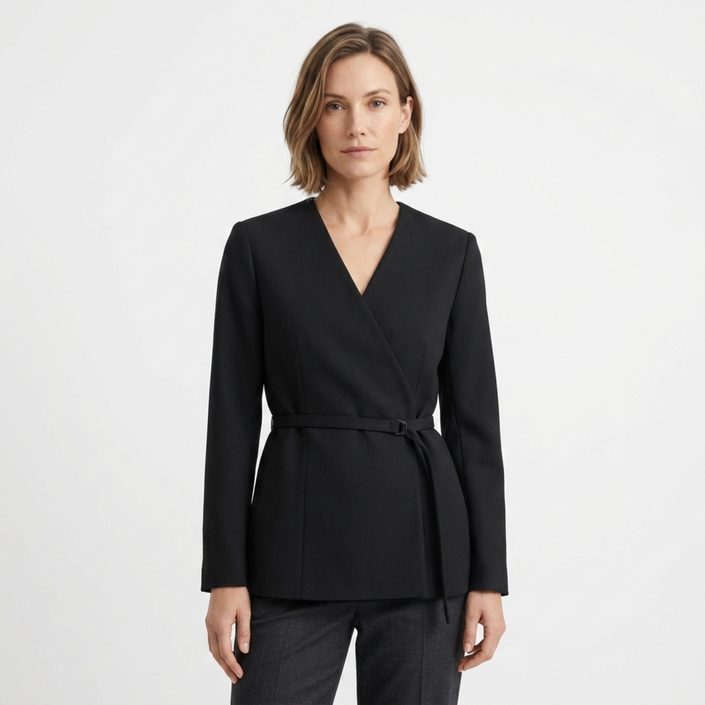 Blazer en Polyester Femme – Col V et Ceinture Coupe Ajustée Élégante