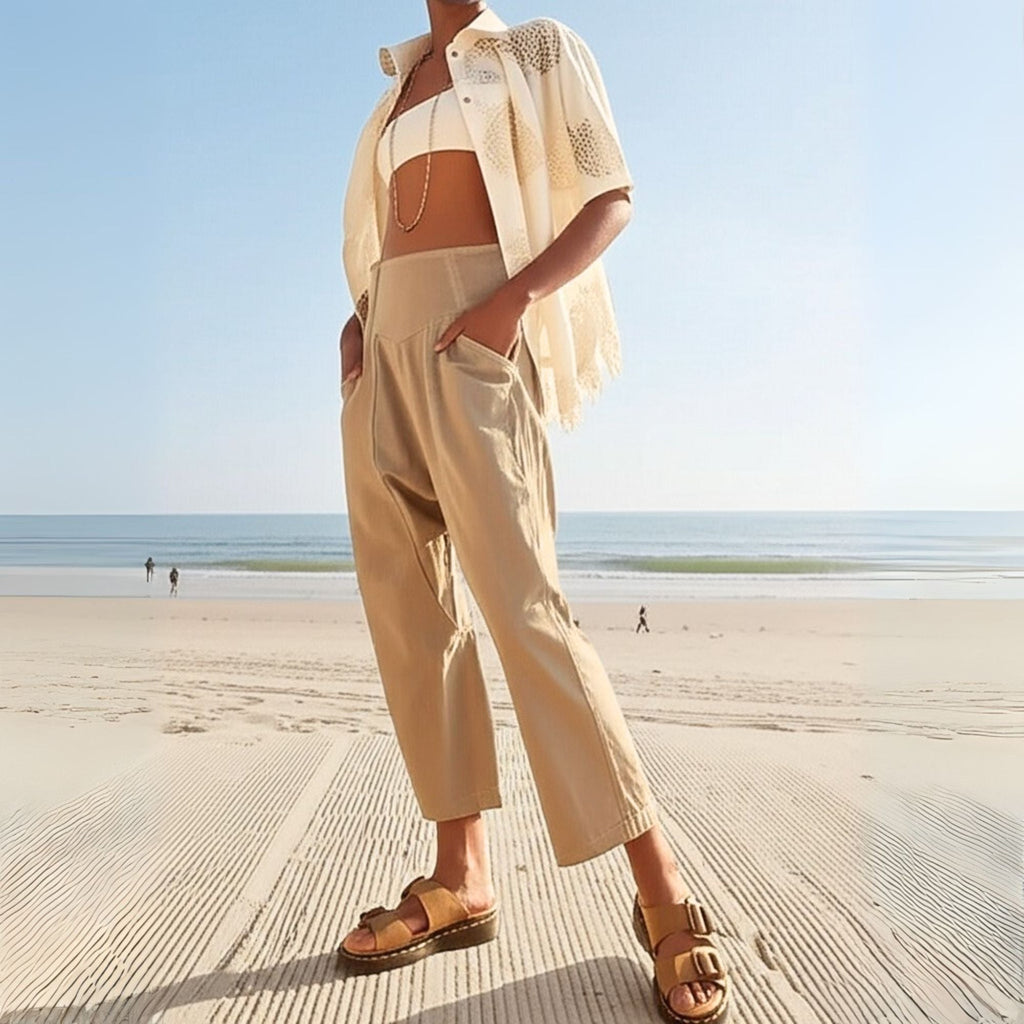 Pantalon en Coton et Lin Femme – Jambe Large et Ceinture Élastique