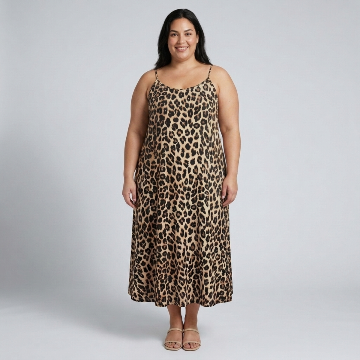 Robe longue grande taille pour femme à bretelles imprimé léopard