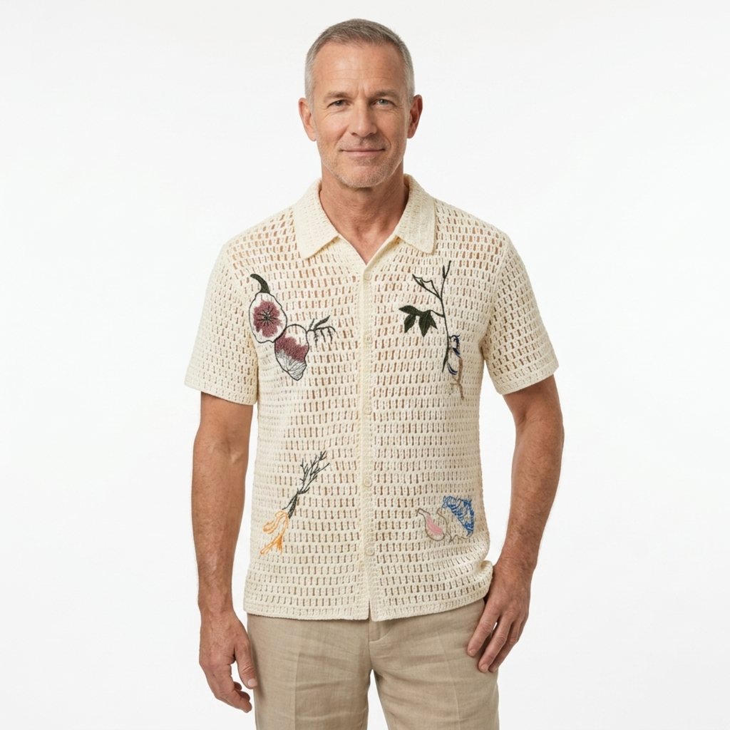Polo crocheté homme — broderie botanique — style resort estival